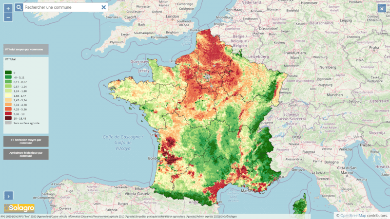 Carte Adonis d'utilisation des pesticides en France