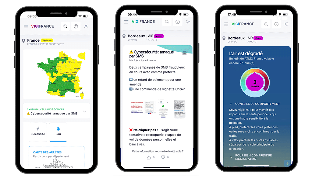 Les différents écrans en version mobile de l'application VigiFrance